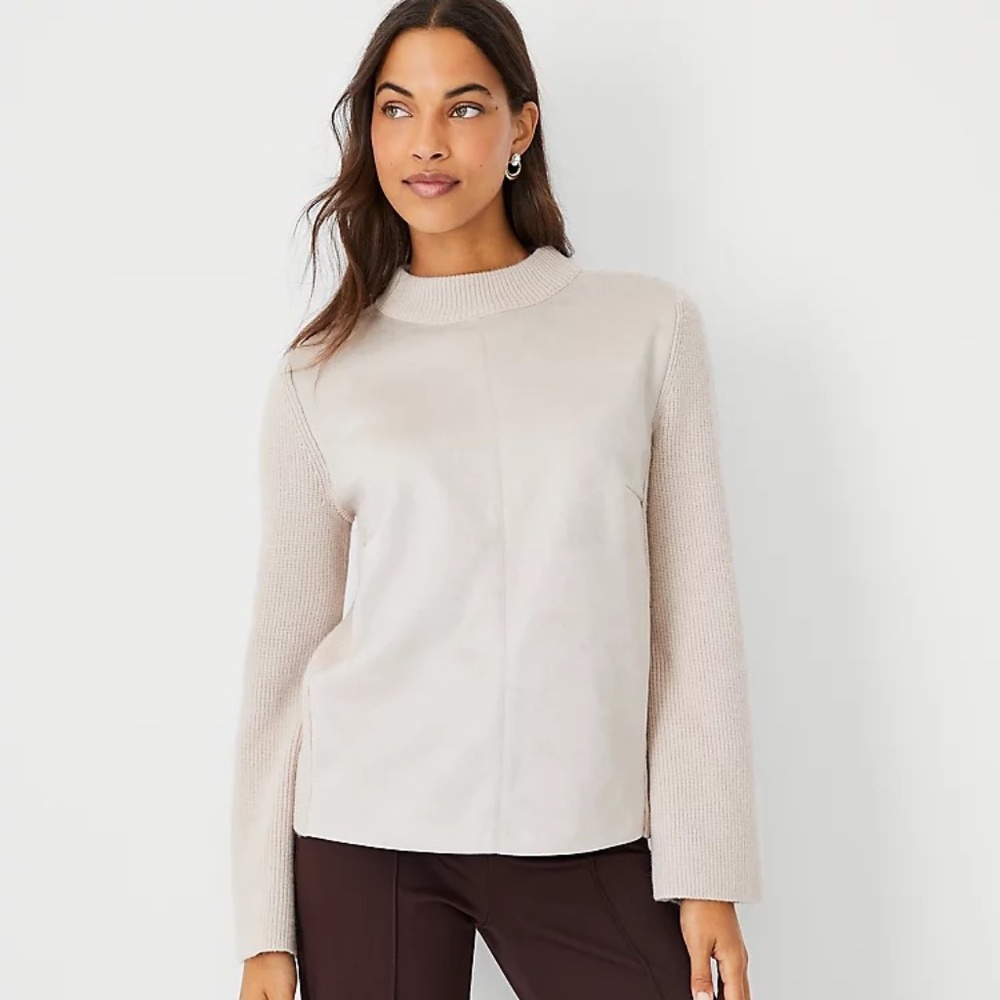 Ann Taylor Faux Suede Mixed Media Sweater in Tan XS